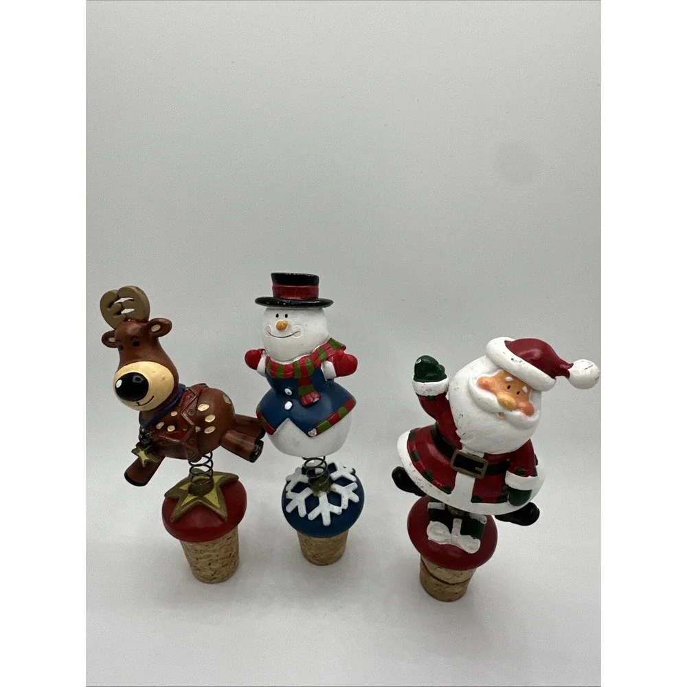 LOT OF 3 HANDMADE WINE BOTTLE STOPPERS CORK REINDEER,SNOWMAN,SANTA ON SPRINGS